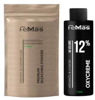 FemMas Blondier-Set: Premium Blondierpulver 100g & Oxycreme 100ml| Perfektes Starter Set für blonde Haare | für bis zu 9 Tonstufen hellere Haare in Salon Qualität (Blond, 12%)