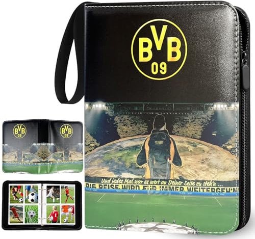 Fußball Sammelkarten Album 4 Fächer, Fussball Karten Sammelalbum mit Reißverschluss und 50 Herausnehmbaren Seiten für 400 Karten, Groß Karten Heft, Sport Karten Ordner, 3 Ringe Karten Mappe