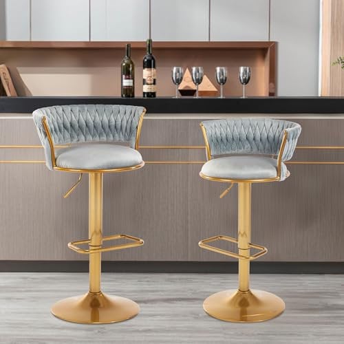 WOLMICS Barhocker barstuhl 2er Set höhenverstellbar,Tresenhocker 360° drehbar，Küchenhocker mit geflochtener Rückenlehne Fußstütze，Samtstuhl mit Metallrahmen,Grau