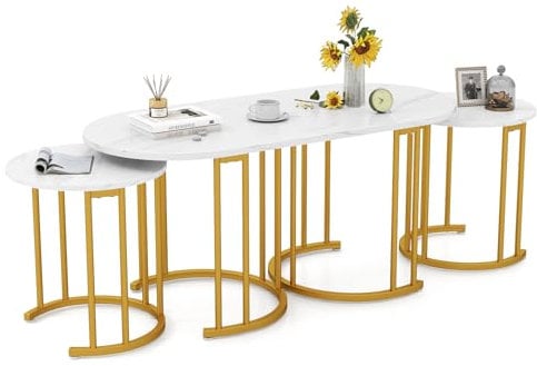 COSTWAY Nesting Coffee Tables Set of 3, Faux Marble Stacking End Sofa Side Table with Storage, Modern Metal Frame Tea Accent Cocktail Center Tables for Living Room Bedroom Office, White+Gold