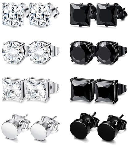 8 Paar Ohrringe Herren, Edelstahl Jungern Ohrstecker Hypoallergen Schwarz Silber Ohrringe Zirkonia Ohrstecker Set für Herren Männer Jungen - 6/8mm