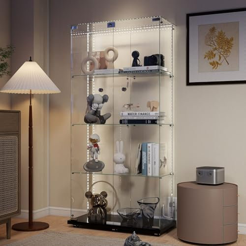 Aplancee Glasvitrine Standvitrine Schwarze mit LED & Rollen- 4-stöckige 164 * 36.3 * 80.5cm rahmenlose Vollsicht Vitrine, höhenverstellbare Glasböden - Vitrinenschrank für Wohnzimmer, Büro, Figuren
