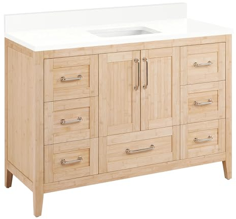 Signature Hardware 955154-48-RUMB-0 Arrietty 48 Freestanding Bamboo Single Basin Vanity Set with Cabinet, Vanity Top, and Rectangular Undermount Sink - No Faucet Holes - Natural Bamboo/Arctic