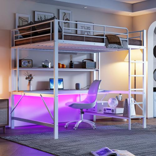 Hochbett 140x200 mit LED und USB Steckdose, Kinderbett Hochbett mit Schreibtisch und Mehrere Regale, Jugendbett Doppelbett mit Leiter und Geländer, Hochbett Kinder Bett Weiß(Ohne Matratze)