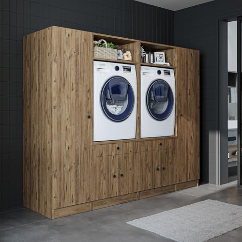 ROOMART Schrankwand für Waschküche & Hauswirtschaftsraum – 224 cm – Hochschrank mit Ausziehbrett – Waschmaschinenumbauschrank & Stauraumregal (Eiche, V2 : 224 x 184 x 67 cm (B x H x T))