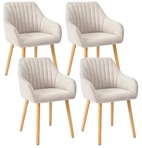 Goeurvant Dining Chairs Set of 4, Modern Kitchen Chairs with Backrest & Wooden Legs, Upholstered Armchairs for Living Room, Dining Room, Lounge, Polyester Fabric, Beige