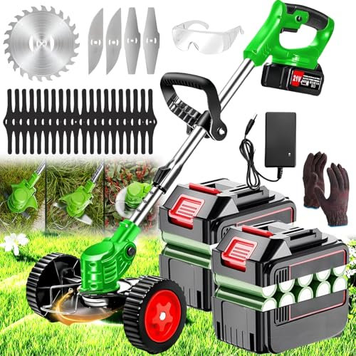 Cordless Strimmer,Garden Strimmer,Strimmer with 2 X 21V4.0AhLithium Battery, Metal Blade Strimmer With 3 types of blades,90°Head Rotation, Grass Strimmer Retractable,Suitable for Garden Lawn