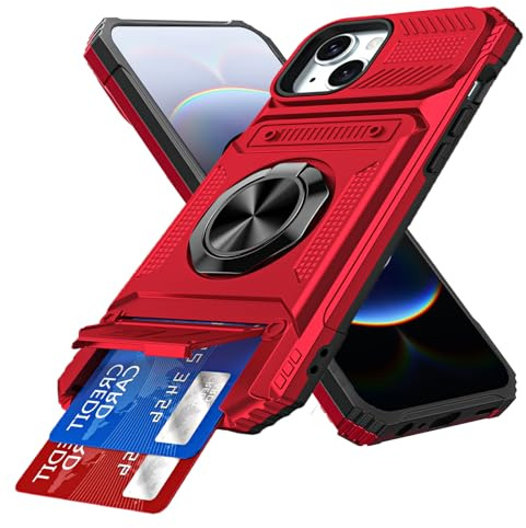 IMEIKONST Card Holder for iPhone 13/14 Case with Stand, Red TCKB | Military Grade Drop Protection, Magnetic Ring Kickstand, Anti-Slip Shockproof Cover, Heavy Duty Rugged PC Back