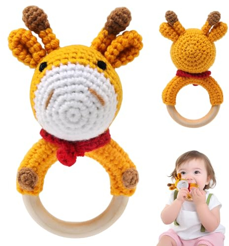 TonStyle Personalisierter Beißring Baby, Babyrassel Gehäkelte Giraffe Holz Häkeln, Niedlicher Greifling für Baby's ab 0 Monate (Giraffe)