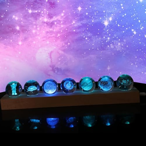 Bunte Glaskristallkugeln, 3D Kristallkugel Nachtlicht mit Holzsockel Durchmesser 40 mm, LED Kristallkugel Lampe Planeten Lampe, Heimdeko für Lehrer, Jungen, Kinder, Mädchen und Männer (Farbiges Licht)