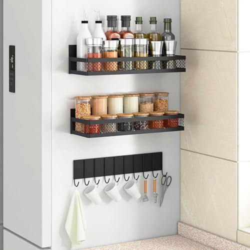 thirei Magnetisches Gewürzregal, 3 Stück Magnetisches Regal, Magnetische Gewürzregal für Kühlschrank, Magnetregal Küchenorganizer mit 2 Kunststoffhaken, für Küche Organisation