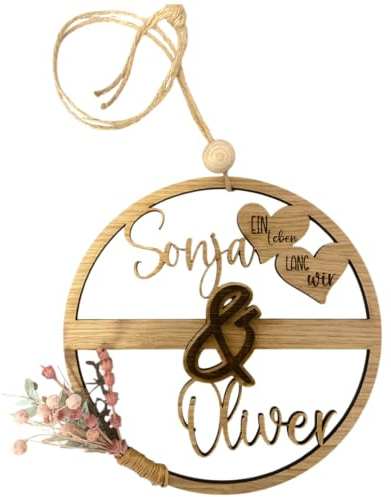 Deko-Holzkranz zur Hochzeit personalisiert | Holzring Hoop mit Namen Hochzeit (Eiche, 20cm)