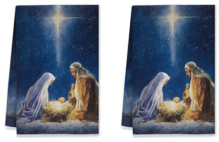 Küchentücher mit Weihnachtskrippe, traditioneller Stern Maria, Weihnachten, blau, wiederverwendbar, Küchendekoration, 40,6 x 61 cm, 2 Stück