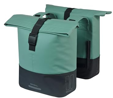 Basil Cove Doppelte Fahrradtasche Gepäckträger – Wasserfest 28-32L – Reflektierend – Nachhaltig aus Recyceltem Material – MIK Kompatibel – 29X14.5X36 cm – Grün/Schwarz