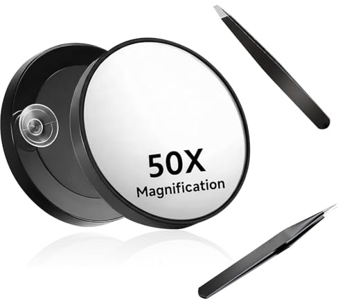 Uvwxba 50X Magnifying Makeup Mirror with Suction Cup & 2 Precision Tweezers - Compact Portable Magnifier for Detailed Makeup, Skincare & Contact Lens Wear(Black)