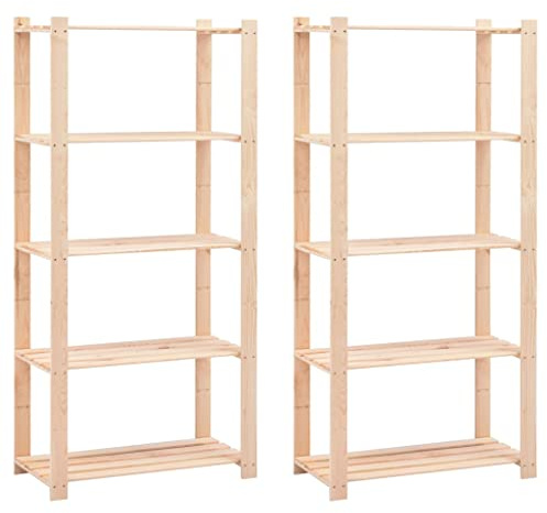 RMIHSJG Lot de 2 étagères de rangement en bois de pin massif à 5 étagères, 80 x 38 x 170 cm, capacité de charge 250 kg, pour garage, atelier, étagère stable en bois naturel pour organisation et