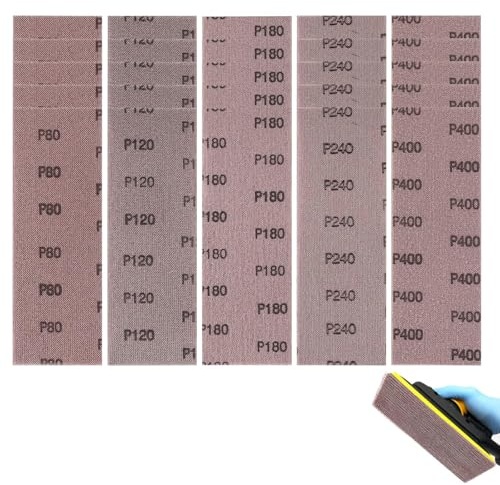 Wjelet 25 Pcs Mesh Sanding Sheets, 70 x 198 mm for Mirka,Mesh Sanding Strips, Grain 80 120 180 240 400,for Hand Sander Sandpaper for Wood, Paint, Metal