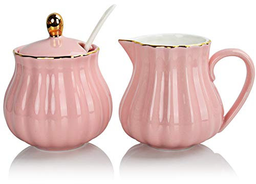 Sweejar Home Royal Ceramic Sugar and Creamer Set, 3 Piece Set with Cream Pitcher, Sugar Bowl, Sugar Set with Lid & Spoon, Coffee Serving Set Wedding Gift(Pink)