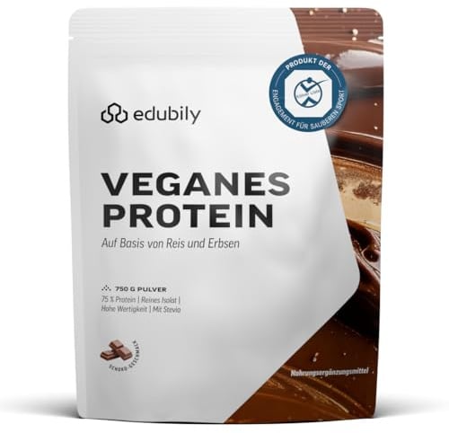 edubily® Veganes Proteinpulver - Mit Reisprotein und Erbsenprotein - Hoher Eiweißgehalt - Ohne Zucker - Mit Stevia - Laborgeprüftes Eiweißpulver (750 g, Schoko)