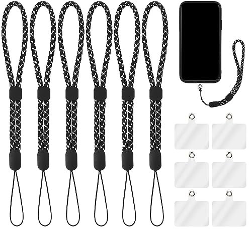 Cobee Handschlaufe Lanyard mit Tether Patch, 6 Stück verstellbare Nylon Handschlaufen mit 6 Stück transparenten Handy Pads Handy Lanyard Strap Halter Handschlaufen für Handy Kamera (Schwarz-Weiß)