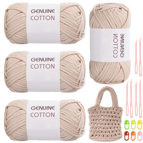 RANJIMA Fettuccia per Borse a Uncinetto - 4 Pezzi Gomitolo di cotone Beige, Filato Maglieria Filato Grosso per Ferri e Uncinetto, Fai da Te, Decorazioni, Artigianato, Borse Coperte Scarpe