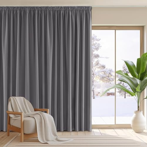 PONY DANCE Wohnzimmer Vorhänge mit Kräuselband für Schiene Extra Breite Gardine Blickdicht 1er Set H 245 x B 200 cm Verdunklungsvorhänge Grau Thermogardine Wärmeisolierend Blackout Curtains