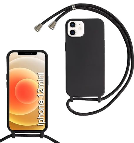 SLWYF Compatible with iPhone 12 Mini Crossbody Lanyard Case, Liquid Silicone Protective Phone Case with Strap Adjustable Neck Cord Necklace Soft Cover for iPhone 12 Mini, Black