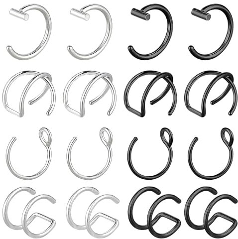 Telooco 16 Pièces Faux Anneau de Nez Faux Piercing de Nez Gothique Septum Anneau de Nez 20G en Acier Inoxydable Faux Anneau de Perçage de Lèvre Femmes Hommes