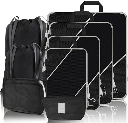 SINZUX 8 Teilige Schwarz Kompression Koffer Organizer Set, Ultraleicht Compression Packing Cubes, Erweiterbar Packwürfel Kofferorganizer Travel Organizer Reise Organizer für Koffer Rucksack Gepäck