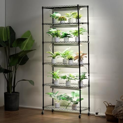 VEVOR Pflanzenständer mit Wachstumslicht, 6 Ebenen, 192 W DIY-Pflanzenregal aus Metall mit Wachstumslampe, Regal mit verstellbarem Gestell und Rädern zum Keimen von Samen, 75 x 35 x 180 cm
