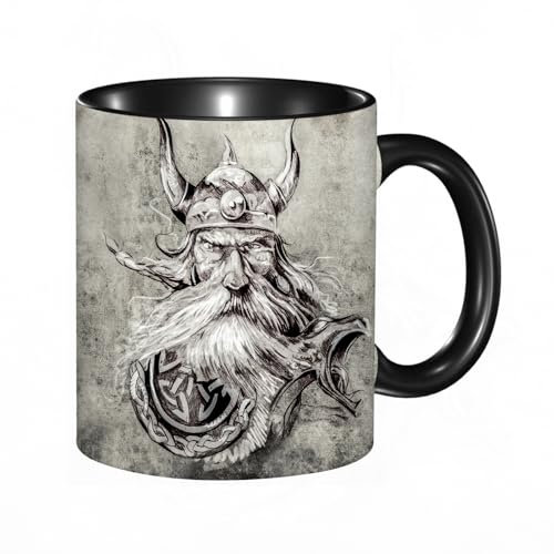 EKLMPS Coffee Mugs,11oz Ceramic Mugs, Funny Gifts for Women, Birthday Present,Christmas,Funny Mugs for Men,Tattoo Art Sketch of a Viking Warrior of an Ancient Wooden Figurehead on a Viking Longboat