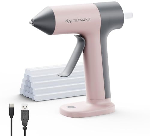 Tilswall Pistola per colla a caldo senza fili da 4 V, preriscaldamento rapido in 30 secondi con 20 bastoncini di colla Premius, 2000 mAh ricaricabili di tipo C, spegnimento intelligente, ideale per