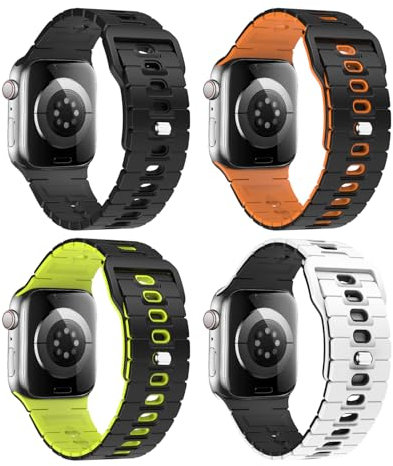 MoKo 4Piezas Banda Oceánica Compatible con Apple Watch Apple Watch Ultra 3/2/1 49mm,S11/S10 46mm,9/8/7 45mm,SE3/SE2/SE/6/5/4 44mm,3/2/1 42mm, Correa Silicona Ajustable con Conector Metálico, Color B