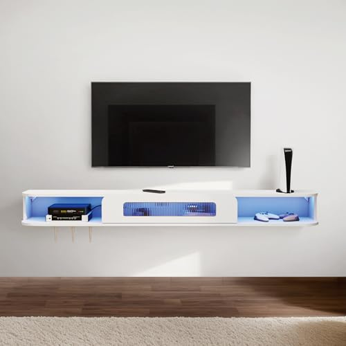 Pmnianhua Floating TV Stand with LED Lights, Solid Wood Wall Mounted TV Cabinet with Glass Door, Mid-Century Entertainment Media Console Center Large Storage Shelf Under TV (140cm, White)