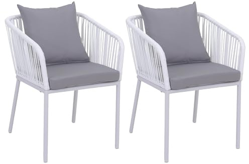 Mendler 2er-Set Gartenstuhl HWC-N41 - hellgrau, Kissen hellgrau | Outdoor, Armlehne, wetterfest Aluminium, Seilgeflecht, Rope