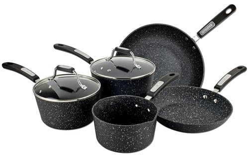 Scoville NEVERSTICK 5 Piece Cookware Set, Non Stick Pots and Pans Set, 16cm Milk Pan, 18cm/20cm Saucepans with Lids, 26cm Frying Pan and 28cm Wok, Suitable for All Hobs, Aluminium, Non Toxic, Black