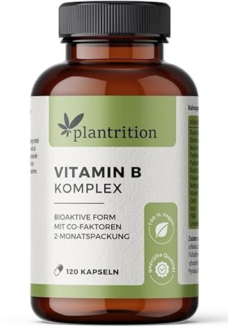 plantrition Vitamin B Komplex hochdosiert Vegan - alle acht B-Vitamine - Bioaktiv Quatrefolic mit Co-Faktoren - B1, B2, B3, B5, B6, B12, D-Biotin & Folsäure 120 Kapseln