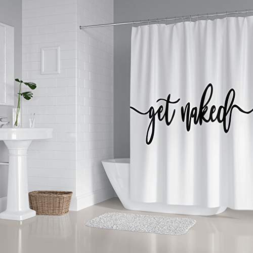 Zengmei Get Naked Duschvorhang-Set, 178 x 177 cm, lustiges Zitat, langlebig, wasserdicht, Polyester, Duschvorhang für Badezimmer, Badedekoration, Stoff + 12 Haken (weiß)