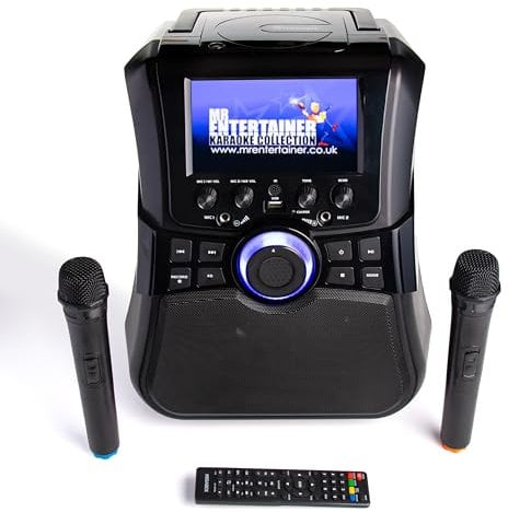 Mr Entertainer Megabox Portable Karaoke Machine with Screen. CDG/DVD/MP3G/USB. Includes 200 Song Family Party Pack & 2 Wireless Microphones