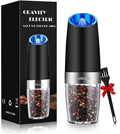 sdlogal Gravity Electric Pepper Mill, Automatic Salt Grinder Battery Operated, Spice Shaker with Blue Light, Adjustable Coarseness, One Handed Operation, Use for Salt, Pepper, Cumin, Sesame