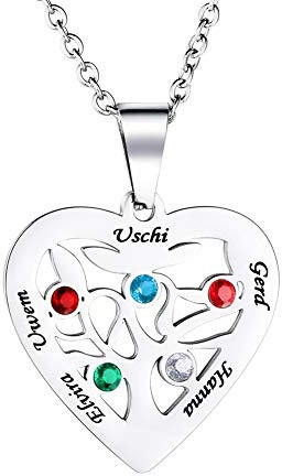HOUSWEETY Personalised Silver Heart-Shaped Tree of Life Necklace Zircon Birthstone Pendant for Women/Mum/Grandma Engrave 2-7 Name Customised Necklace for Families/Friends/Girlfriend