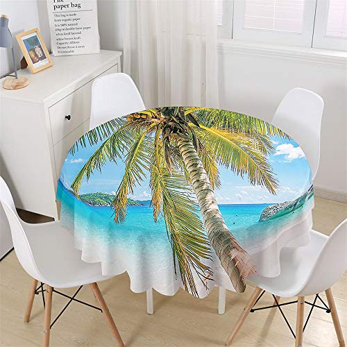 Chickw1 Tischdecke Runde Wasserdicht Abwaschbar Wellenmuster am Meer Bedruckte Tischschoner Fleckschutz, Tischtuch aus Polyester für Küche, Esszimmer, Garten oder Camping (Kokosnussbaum,150cm)