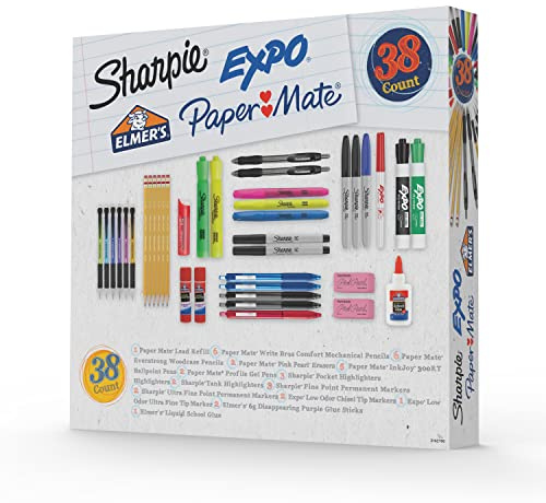 School Supplies Variety Pack, Sharpie, Expo, Paper Mate, Elmer’s, Permanent Markers, Mechanical Pencils, Woodcase Pencils, Ballpoint Pens, Gel Pens, School Glue, Glue Sticks, and More, 38 Count