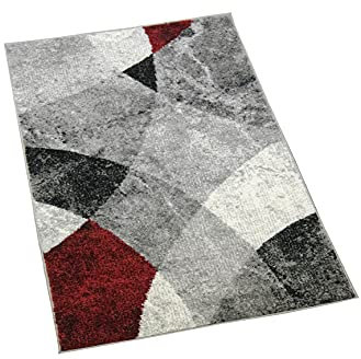 CARPETIA Teppich Wohnzimmer Teppich mit modernem marmorierten Wellen Rauten Design in grau rot - pflegeleicht Größe 60x110 cm