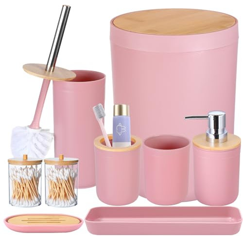 iMucci 8Pcs Pink Bathroom Accessories Set - with Trash Can Toothbrush Holder Soap Dispenser Soap and Lotion Set Tumbler Cup…, 6pcs Pink Bamboo Cover, IZ0124