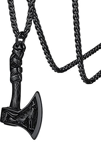 FaithHeart Viking Battle Axes Jewellery for Male Talisman Necklace Black Wolf Pendant Antique Nordic Symbol Jewelry Charm Masculine Accessories Stainless Steel