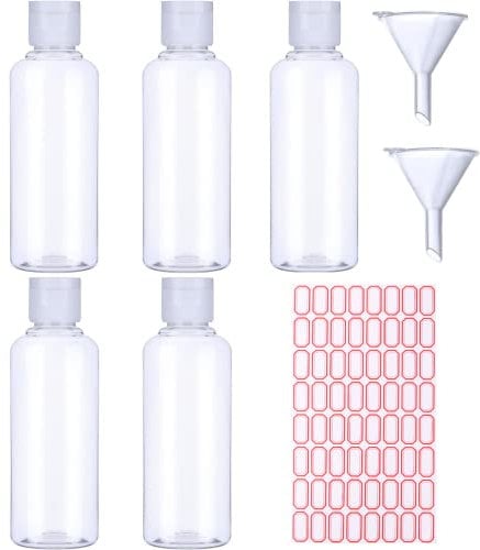 Voarge 5 Pack 100ml Plastic Bottle with 2 Small Funnel and 64 Sheets Free Labels, Transparent Plastic Air Flight Travel Bottle Set with Small Funnel for Flight, Airport, Vacation