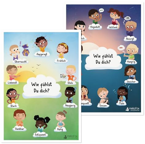 metaFox Emotions-Poster für Kinder | Gefühlsposter für zu Hause, im Klassenzimmer oder in der Therapie | Set mit zwei A3-Postern für sozial-emotionale Lernaktivitäten