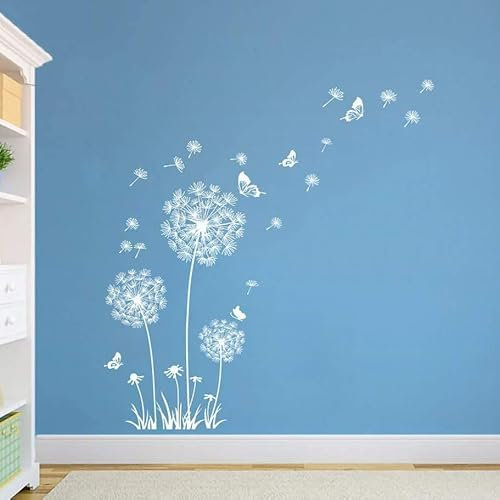 Pusteblume Fensterbilder, Wandtattoo Pusteblume, Wandsticker Blumen Schmetterlinge, Wandaufkleber Wanddeko, Pflanzen Deko, für Fenster Wohnzimmer Schlafzimmer Küche Bad Flur Weiß