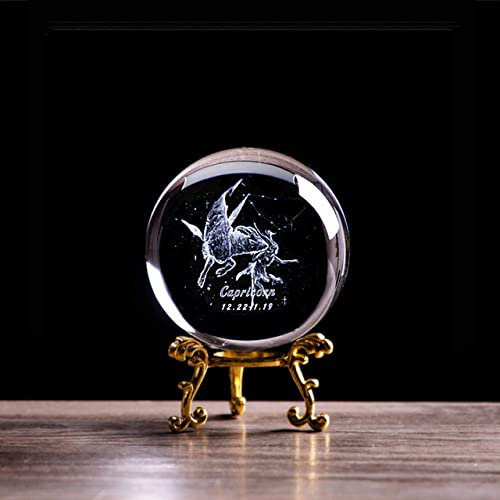 VVW&LIU 3D-gravierte Steinbock-Kristallglaskugel, Engelskonstellationsfiguren, Statuette, Sammlerstück, Briefbeschwerer, Heimdekoration, Geschenke, Kugel und Goldsockel, 8 cm